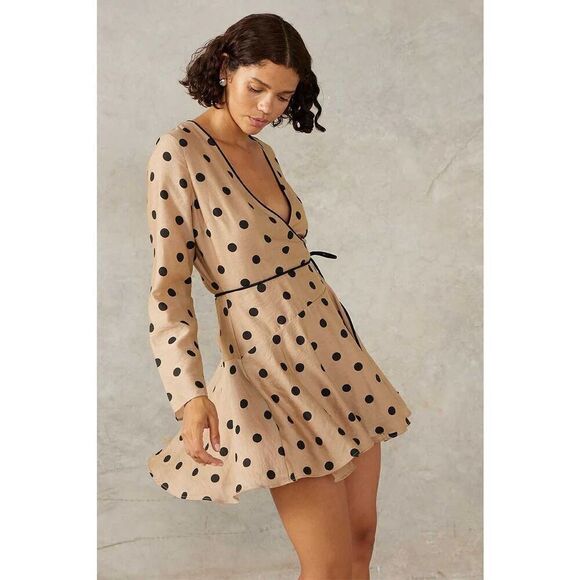 MON RENN Fallon Polka Dot Lucinda Mini Wrap Dress IN MOCHA size S NWT$199 - Picture 1 of 6